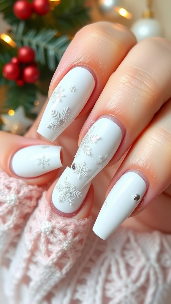 Elegant white Christmas nails with snowflake designs and glitter on a festive background.